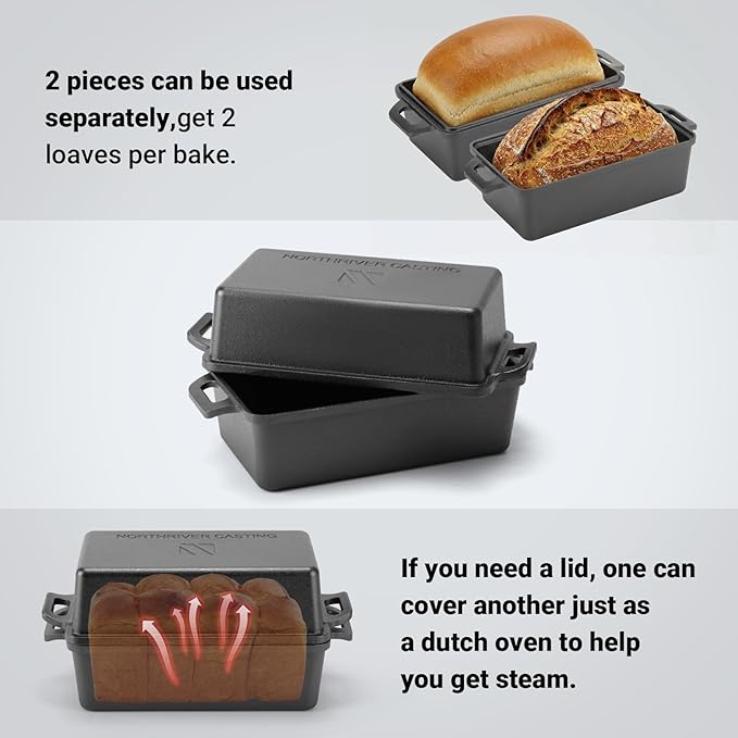 Northriver Casting 9×5 Inch Cast Iron Loaf Pan with Lid | Bread Baking Pan | Even Heat Distribution for Homemade Bread, Cake, and Meatloaf | 2 Piece Set - Image 4