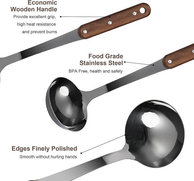 FJNATINH Soup Ladle, 304 Stainless Steel Ladle Spoon for Serving Wok Soup with Ergonomic Heat-proof Wooden Handle, [Heat Resistance, Integral Forming] - Image 4