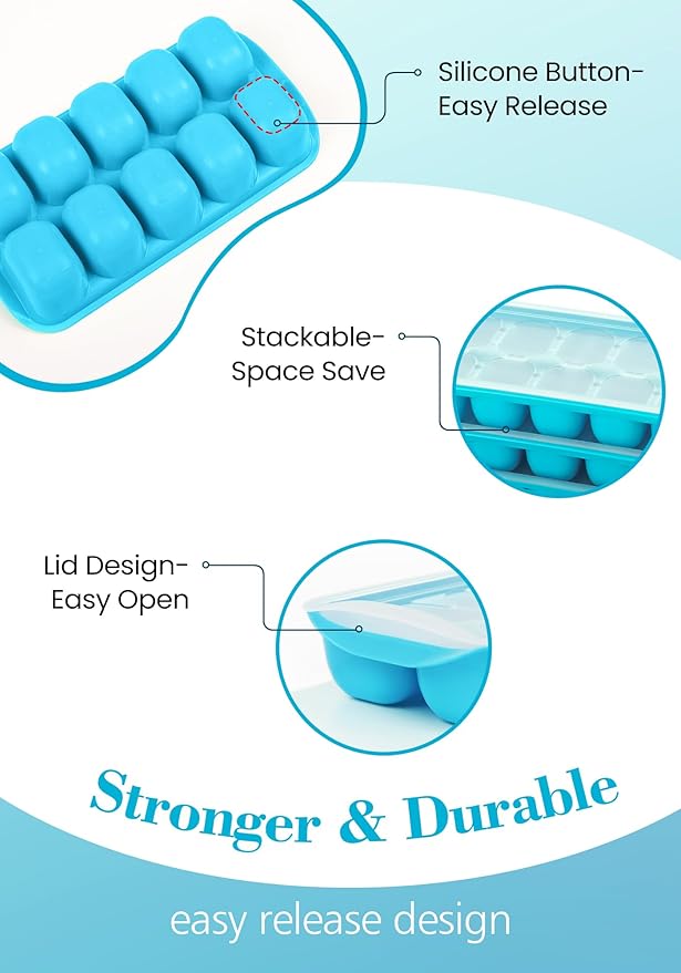 DOQAUS Ice Cube Tray with Lid and Bin - 4 Pack Ice Bucket Kits, Stackable Silicone Ice Trays for Freezer, Easy Pop Out, BPA Free for Cocktail, Coffee, Soup, Food, RV, Kitchen - Image 7