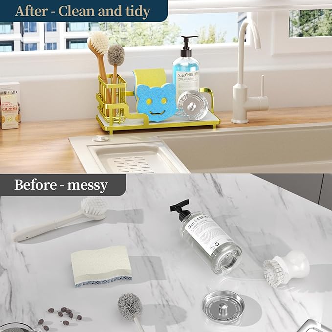 Consumest Sponge Holder for Kitchen Sink - Sink Caddy Organizer with Water Absorbing Stone Tray, Detachable Brush Holder, Stainless Steel Kitchen Counter Organizer Rack, Gold - Image 4