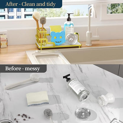 Consumest Sponge Holder for Kitchen Sink - Sink Caddy Organizer with Water Absorbing Stone Tray, Detachable Brush Holder, Stainless Steel Kitchen Counter Organizer Rack, Gold - Image 4