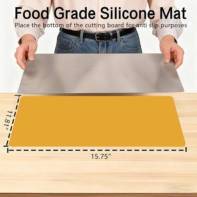 Large Stainless Steel Cutting Boards for Kitchen, Chopping Boards with Orange Non-slip Mat, Cutting Board with Counter Lip for Meat, Fruits, Vegetables, Bread,Dough(15.75" × 11.81")