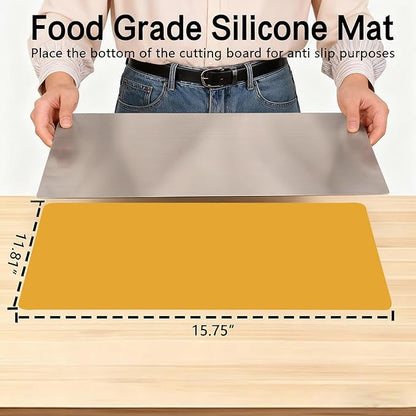 Large Stainless Steel Cutting Boards for Kitchen, Chopping Boards with Orange Non-slip Mat, Cutting Board with Counter Lip for Meat, Fruits, Vegetables, Bread,Dough(15.75" × 11.81")