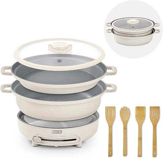 Dash Stacks Stacking Cookware Set with Electric Burner - Features CleanCoating™ Ceramic Nonstick Coating - Versatile, Nestable Pieces - Convenient Storage - Cream, 8-Piece