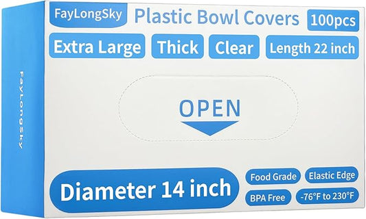 100 Boxed Bowl Covers for Bread Proofing - Extra Large Thick Clear Plastic Wrap for Food Disposable Shower Caps for Sourdough Bread Baking Rising Elastic BPA Free Food Grade (Diameter 14") by FAYLONGSKY