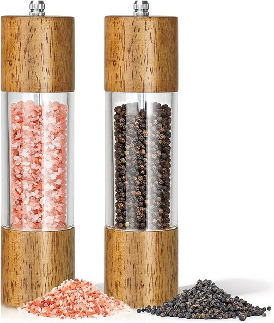 2-Pack Wooden Salt and Pepper Grinder Set - 8 Inch Manual Adjustable Ceramic Grinding, Refillable Acrylic Salt and Pepper Grinder Set, Custom Coarse to Fine Settings, for Home Dining & Gifts by JTGILKFR