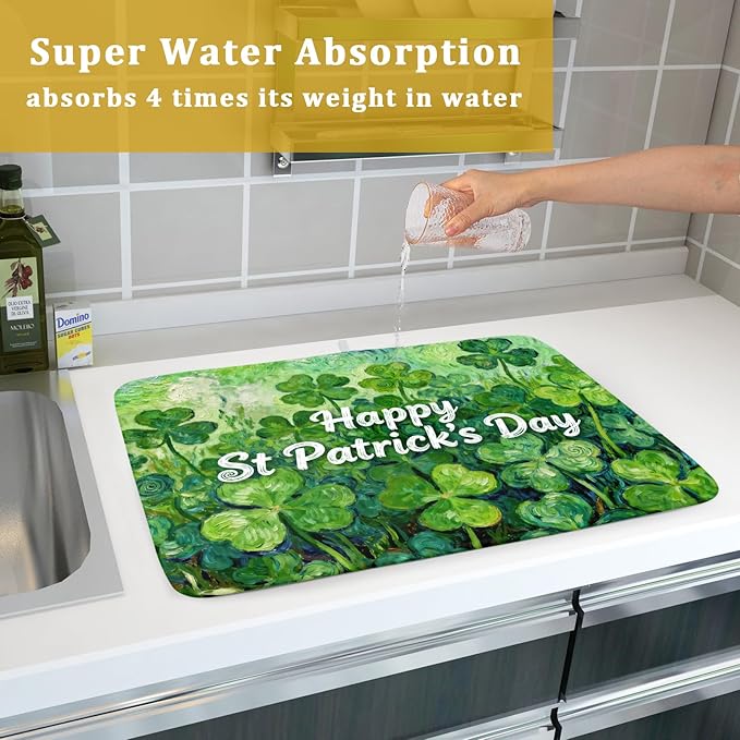 St Patricks Day Lucky Clover Dish Drying Mat for Kitchen Counter 18x24 Green Shamrock Happy Holiday Theme Absorbent Reversible Microfiber Drying Mats Kitchen Countertop Protector Dishes Drainer Pad - Image 7
