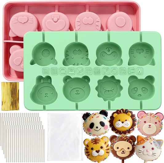 Juome Cake Pop Mold Kit, 2 Pack 16 Cavities Animal Shape Cakesicle Molds Silicone with 100 Wooden Sticks&100 Packaging Bags, Cake Pop Maker Supplies Accessories, Baking Tools for Home Baking Desserts by Juome