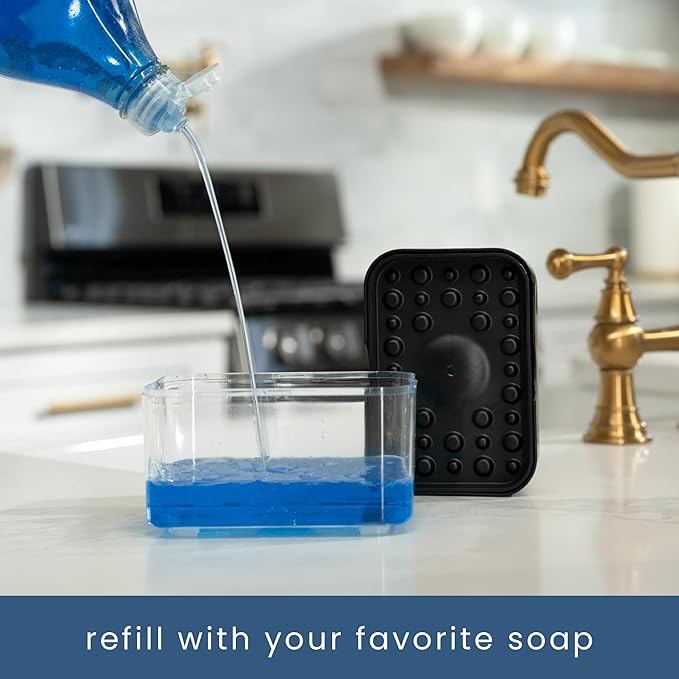 S&T INC. Dish Soap Dispenser and Sponge Holder for Kitchen Sink with Enhanced Features, Sponge Included, 13 Ounces, Matte Black - Image 3
