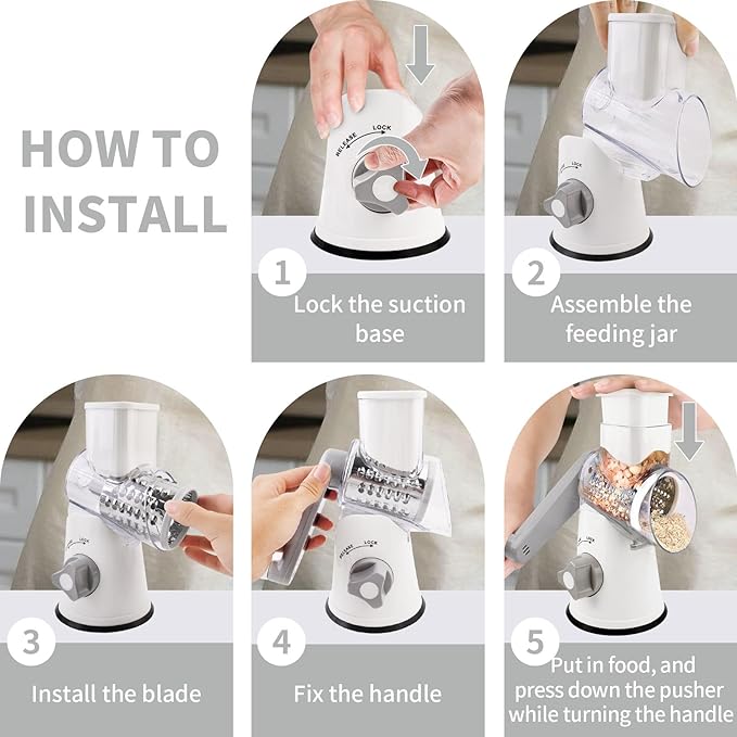 Rotary Cheese Grater, Manual Cheese Shredder with 3 Interchangeable Blades, Cheese Grater Hand Crank with Strong Suction Base, Easy to Use and Clean, White - Image 6