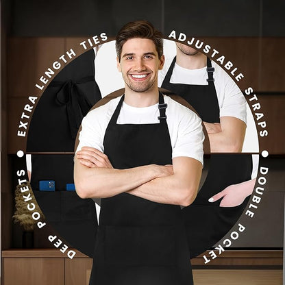 Adjustable Bib Apron 100% Polyester Kitchen Aprons Waterdrop Resistant Aprons with Adjustable Strap, Pockets & Long Ties