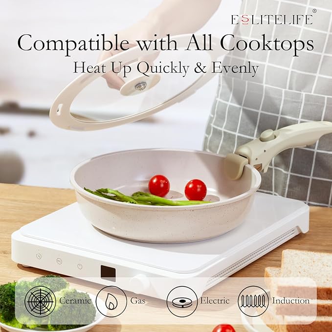 ESLITE LIFE Nonstick Ceramic Frying Pans Skillets Set with Lids & Detachable Handle, Non-Toxic Egg Omelette Kitchen Cooking Pans Compatible with All Stovetops, PTFE & PFOA Free, White, 7-Piece - Image 6
