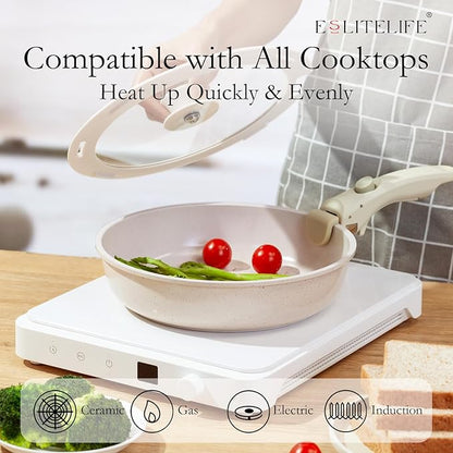 ESLITE LIFE Nonstick Ceramic Frying Pans Skillets Set with Lids & Detachable Handle, Non-Toxic Egg Omelette Kitchen Cooking Pans Compatible with All Stovetops, PTFE & PFOA Free, White, 7-Piece - Image 6