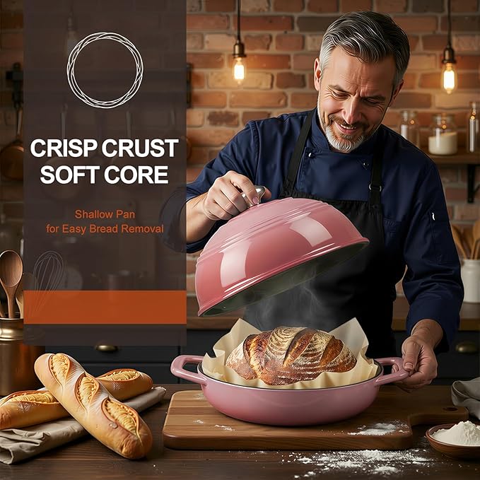 Overmont Enameled Cast Iron Bread Oven - 6QT Bread Dutch Oven for Sourdough Baking - Bread Pot with Dome Lid Cotton Potholders & Cookbook - Multi-Functional Bread Pan For Baking Frying Roasting - Image 7