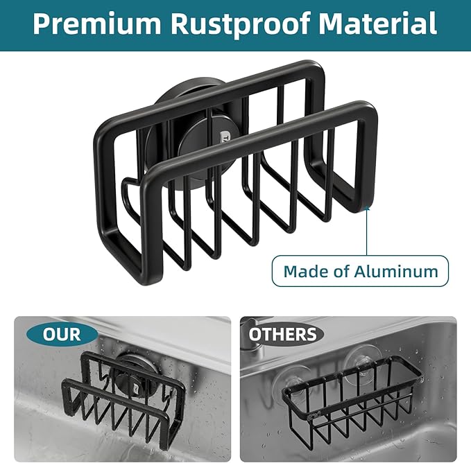 TAILI Sink Caddy with Strong Suction Cup, Sponge Holder for Kitchen Sink Oganizer, Removable Rustproof Aluminum Sponge Holder, Dish Brush for Scraper - Black - Image 5