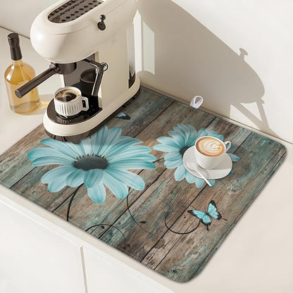 Teal Sunflowers Drying Mat 18x16 Inch, Summer Wooden Board Drying Mat with Absorbent Reversible Microfiber, Rustic Dish Drainer Mats Shabby Chic Floral Rack Pad for Coffee Countertop Kitchen Protector