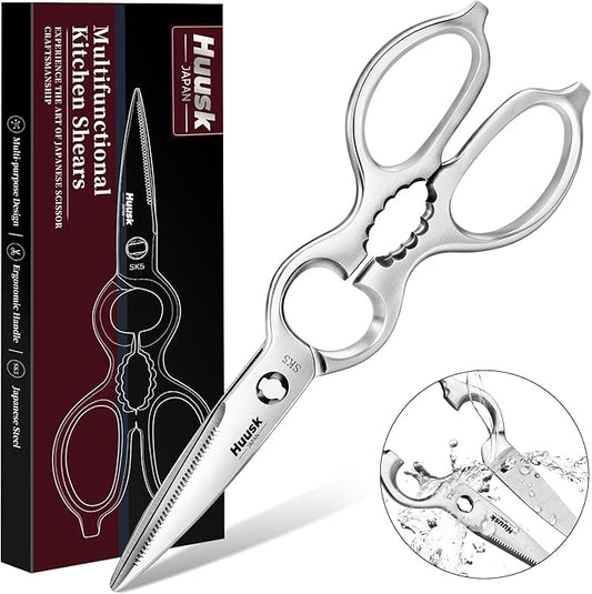 Huusk Kitchen Scissors All Purpose - Christmas Gift for Men and Women - Silver Kitchen Shears for Vegetables and Meat - Detachable Scissors for Thorough Cleaning