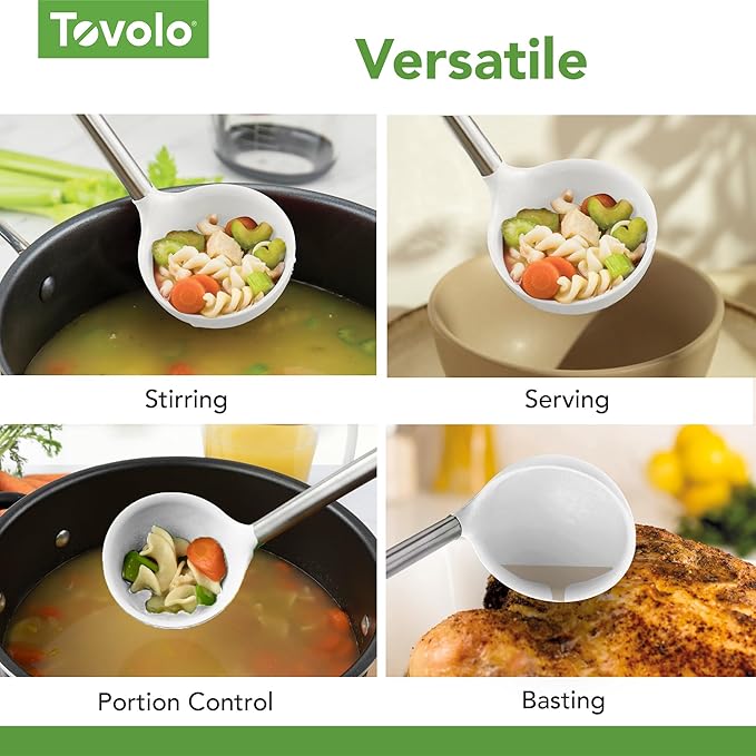 Tovolo Silicone Ladle With Stainless Steel Handle Deep Soup Ladle for Cooking Canning Serving Soup Punch Stew Sauce, Large Kitchen Utensil Spoon Dishwasher Safe BPA Free Silicone White - Image 4