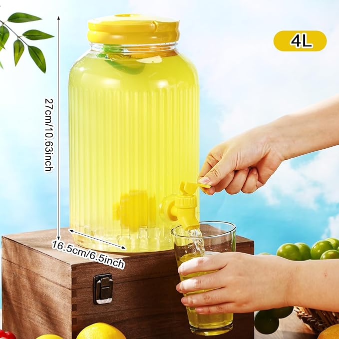SiliFine 2 Pieces 1 Gallon Plastic Beverage Dispenser with Spigot Striped Clear Large Drink Beverage Dispenser Summer Fridge Water Container with Tap for Party Iced Tea, Sangria, Lemonade(Yellow)