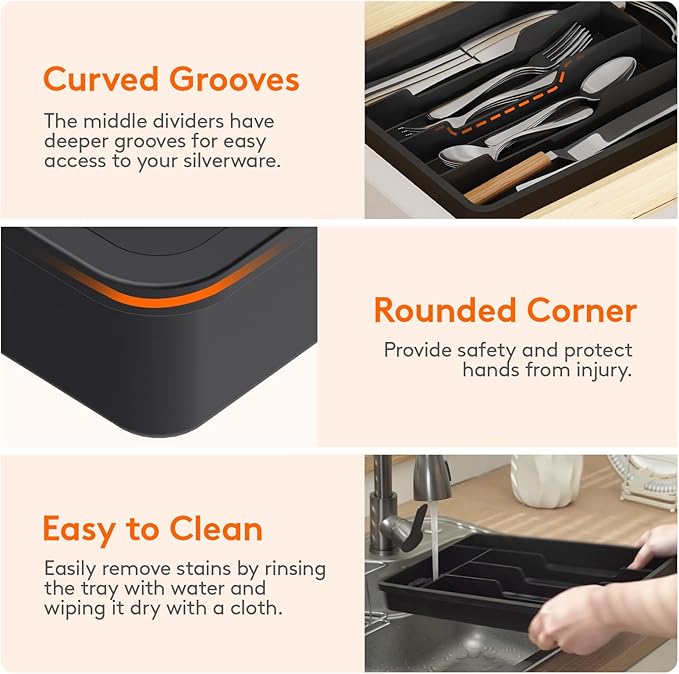 Lifewit Silverware Drawer Organizer Tray, Plastic Cutlery Storage for Kitchen, Flatware and Utensil Holder Divider for Spoons Forks Knives Tableware, 9.5 x 13.4", 5 Slots, Black - Image 6