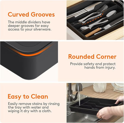 Lifewit Silverware Drawer Organizer Tray, Plastic Cutlery Storage for Kitchen, Flatware and Utensil Holder Divider for Spoons Forks Knives Tableware, 9.5 x 13.4", 5 Slots, Black - Image 6