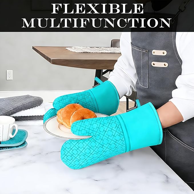 Oven Mitts and Pot Holders Sets 6pcs, Kitchen Oven Glove,High Heat Resistant 550 Degree Extra Long Oven Mitts and Potholders with Non-Slip Silicone Surface for Home Essentials (Grey) (Ice Blue) - Image 5