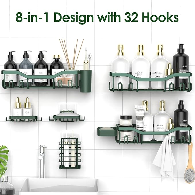 NESOMI Shower Caddy Adhesive Shower Organizer 8-Pack, Rustproof Stainless Steel Bathroom Shelves, Large Capacity No-Drill Rack Storage Accessories with Soap Dish Toothbrush Holder Hooks - Image 4