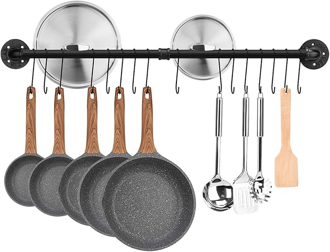 Toplife 39.4 inch Pot Rack, Kitchen Wall Mounted Detachable Pan Lid Utensils Organizer Hanging Rail with 16 Hooks, Black by Toplife