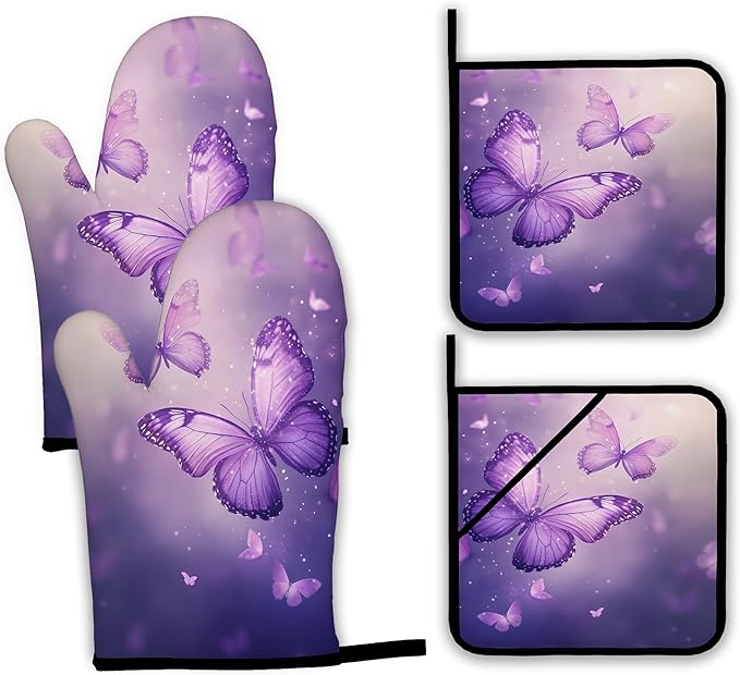 Purple Butterfly Oven Mitts and Pot Holders Set,Sparkling Kitchen Oven Gloves and Pot Holder with Heat Resistant Non Slip for Cooking Baking Grilling(4 Piece Set)