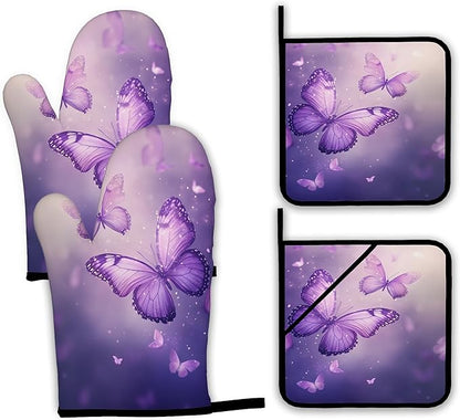 Purple Butterfly Oven Mitts and Pot Holders Set,Sparkling Kitchen Oven Gloves and Pot Holder with Heat Resistant Non Slip for Cooking Baking Grilling(4 Piece Set)