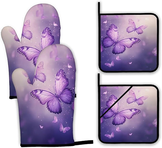 Purple Butterfly Oven Mitts and Pot Holders Set,Sparkling Kitchen Oven Gloves and Pot Holder with Heat Resistant Non Slip for Cooking Baking Grilling(4 Piece Set)