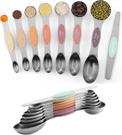 ChefAide Pack of 8 Stainless Steel Magnetic Measuring Spoons Set, Dual Sided, Stackable, Adjustable Teaspoon and Tablespoon Measure Spoon with Leveler, Kitchen Gadgets by ChefAide