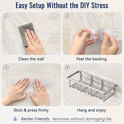 8 Pack Adhesive Rustproof Shower Shelves with Soap Dishes, Toothbrush Holder & Hooks, Large Capacity No-Drilling Shower Shelves Rack for Bathroom Organizers and Storage Accessories, Silver