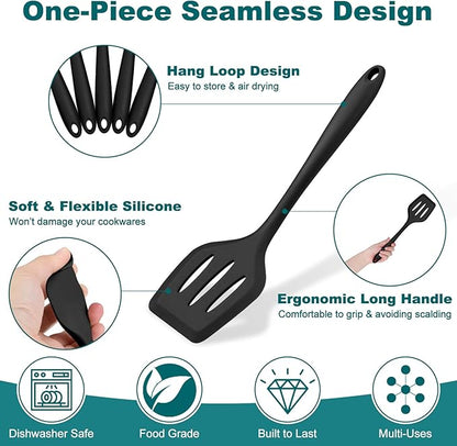 TeamFar Silicone Cooking Utensil Set of 7, Black Kitchen Nonstick Tools Turner Spoon Spatula Ladle Pasta Server for Nonstick Cookware, Healthy & One-Piece, Anti-Heat & Dishwasher Safe - Image 3