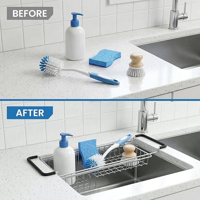 TreeLen Over The Kitchen Sink Caddy Sponge Holder Organizer Drying Rack Expandable for Sponge Brush Soap 13.8" to 20.8", Stainless Steel - Image 6