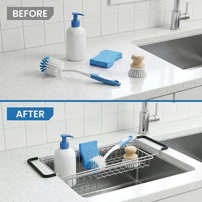 TreeLen Over The Kitchen Sink Caddy Sponge Holder Organizer Drying Rack Expandable for Sponge Brush Soap 13.8" to 20.8", Stainless Steel - Image 6