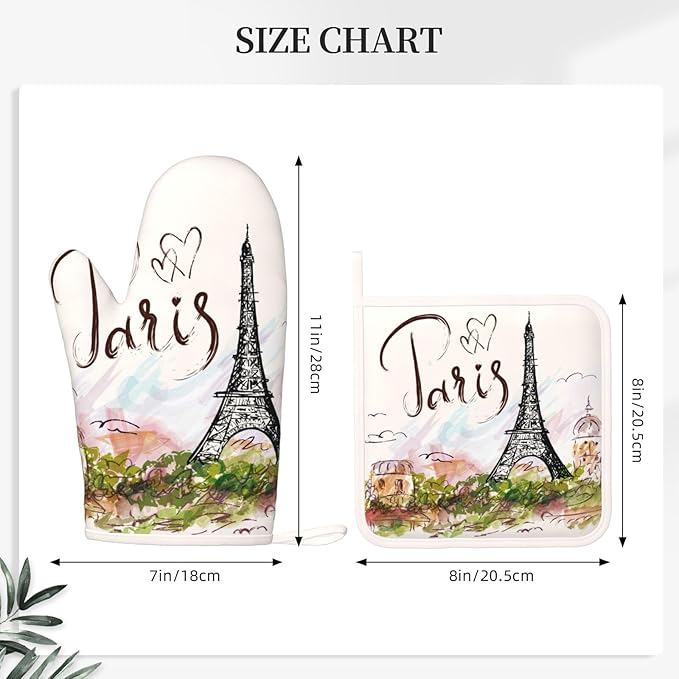 Pretty Romantic Paris Eiffel Tower Oven Mitts and Pot Holders Sets of 4, Heat Resistant Silicone Oven Mittens and Potholders Gloves Hot Pads for Kitchen Cooking Baking Grilling BBQ Chef - Image 2
