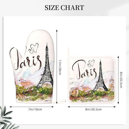 Pretty Romantic Paris Eiffel Tower Oven Mitts and Pot Holders Sets of 4, Heat Resistant Silicone Oven Mittens and Potholders Gloves Hot Pads for Kitchen Cooking Baking Grilling BBQ Chef - Image 2