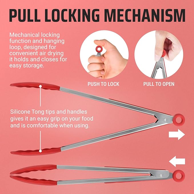 Kaluns Kitchen Tongs for Cooking Grilling Set of 4, BBQ Grill Tongs With Silicone Tip Stainless Steel Heat Resistant, Non-stick Pull Lock, Incl 7, 9, 12 Inch Tong Plus a Silicone Spatula - Image 6