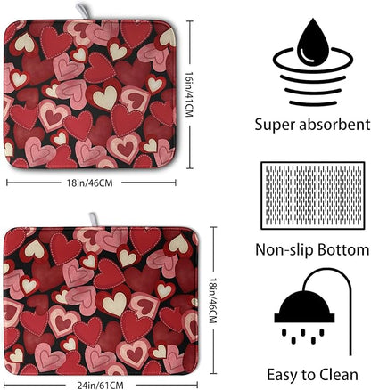 Valentine Dish Drying Mat for Kitchen Counter Red Black Love Heart Drying Pad Microfiber Absorbent Coffee Bar Mat Heat Resistant Countertop Protector Dishes Drainer Mat 18x24 Inch - Image 2