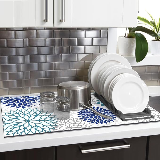 Findosom 2PCS 12" x 20" Dish Drying Mat & 24" x 5.5" Sink Splash Guard, Super Absorbent & Cuttable Dish Mat Drying Kitchen Mat with Blue Floral, Hide Stain Drying Mat for Kitchen Counter - Image 9