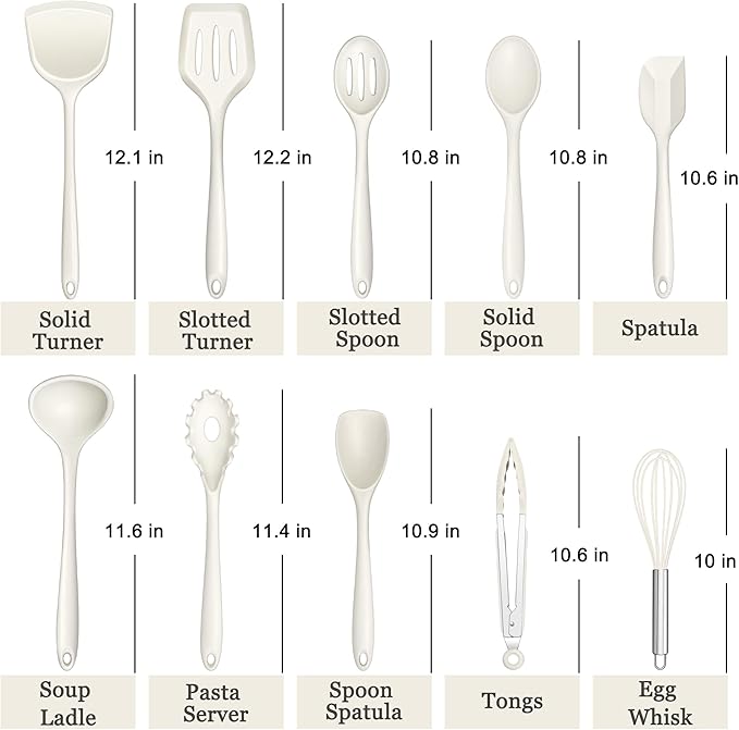 E-far 10 Pieces Silicone Cooking Utensils Set, Heat Resistant Kitchen Utensil Set for Nonstick Cookware, Kitchen Cooking Tools with Spatula, Spoon, Slotted Turner, Non-Toxic & Dishwasher Safe (White) - Image 2
