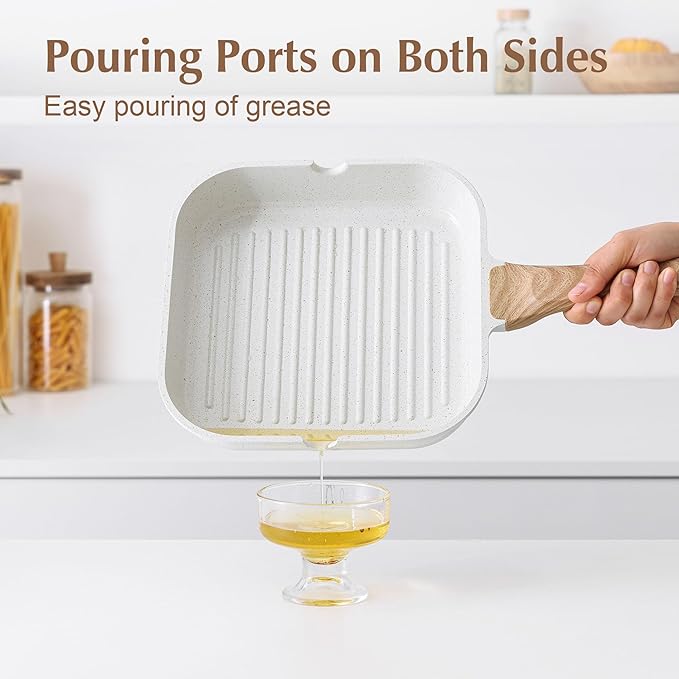 SENSARTE Nonstick Ceramic Grill Pan for Stove Tops, Versatile Square Grilling Pan with Pour Spouts, Durable Grill Skillet for All Stoves(Gas,Electric,Induction) Non Toxic-PTFE,PFAS,PFOA Free, 9.5Inch - Image 5