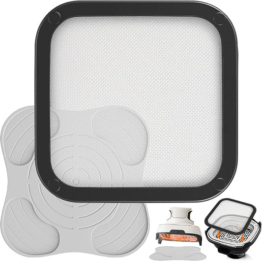 2Pcs Silicone Heat Resistant Mat & Splatter Shield, Foldable Silicone Mat and Splatter Shield for Ninja Crispi Air Fryer Accessories, Beige