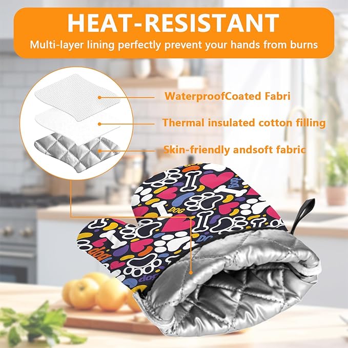 Paw Prints Oven Mitts and Pot Holders Sets 4Pcs,Extra Long Oven Gloves Potholder for Kitchen Cooking Baking BBQ 100% Cotton Heat Resistant - Image 3