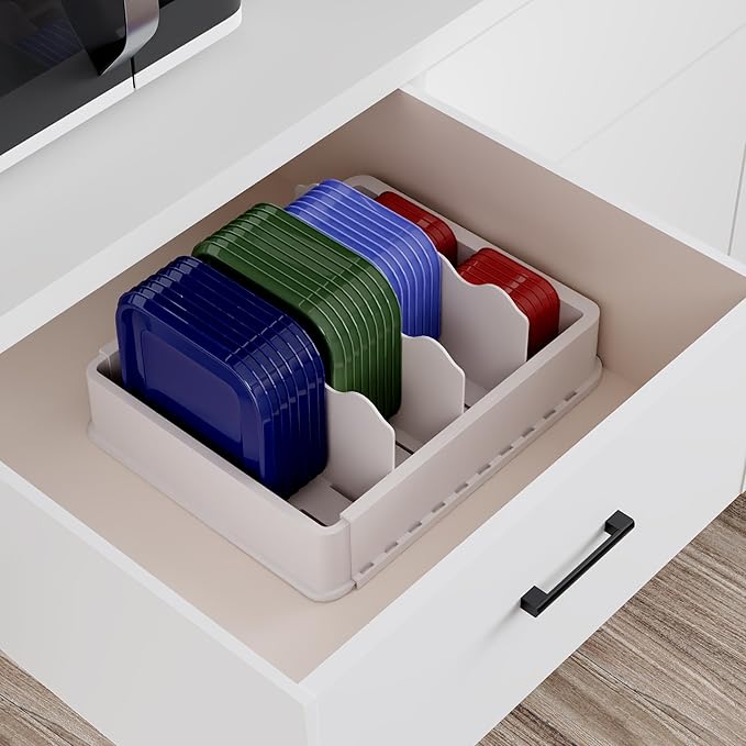 SWOMMOLY Expandable Food Storage Container Lid Organizer, Includes 6 Adjustable Dividers, 30 Preprinted and Blank Writable Labels, White - Image 5