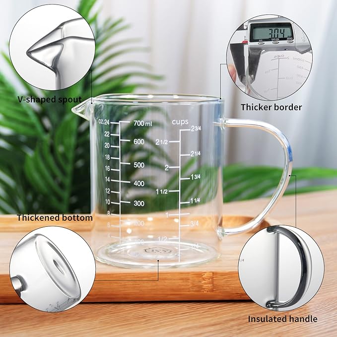77L Glass Measuring Cup, Clear Liquid Measuring Cup with V-Shaped Spout and Three Scales, High Borosilicate Glass Beaker with Handle for Kitchen or Restaurant, 700 ML (0.7 Liter, 2 3/4 Cup) - Image 6