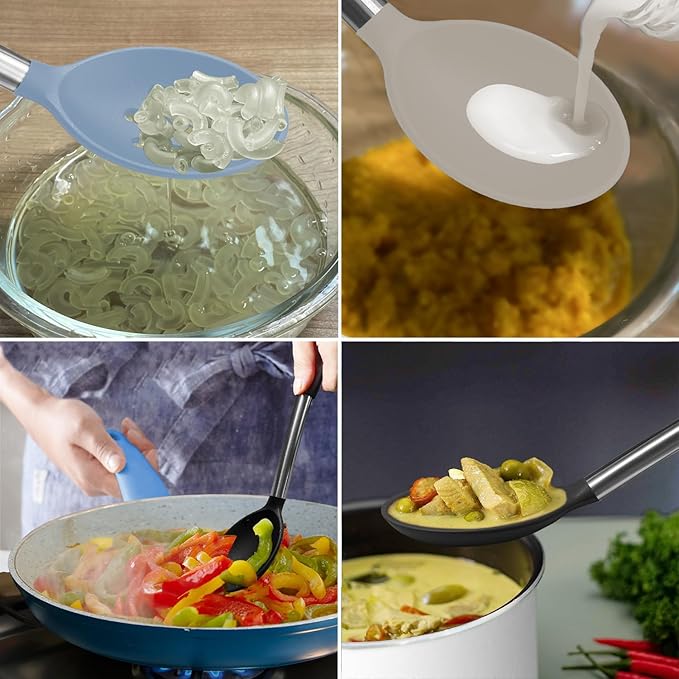 Silicone Spatula and Cooking Spoon,5 Pack Non-Stick Cooking Utensils for Kitchen，Heat Resistant Solid & Slotted Spoons and Spatulas, Stainless Steel Handle Coated with Silicone, Khaki - Image 7