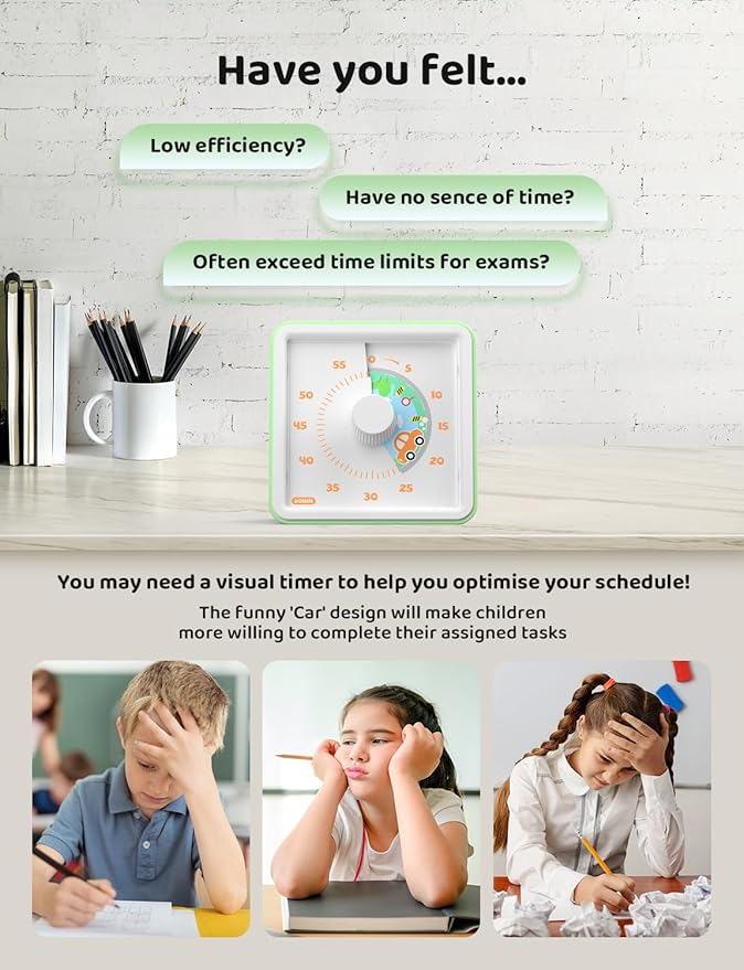 LIORQUE 60 Minute Visual Timer for Kids, Visual Countdown Timer for Classroom Office Kitchen with 'Car' Pattern Design, Pomodoro Timer with Silent Operation (Batteries Included) - Image 3