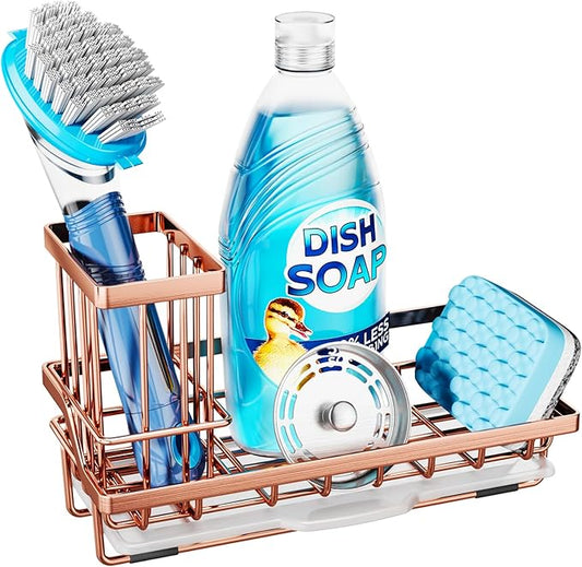 Consumest Sponge Holder for Kitchen Sink - Sink Caddy Kitchen Organizer with Removable Drip Tray for Countertop Dish Soap Dispenser Brush Storage Accessories 304 Stainless Steel, Rose Gold by Consumest